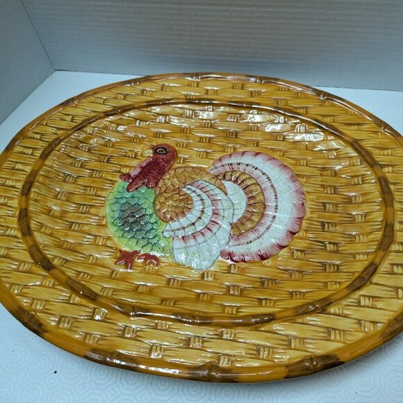 Beautiful Thanksgiving Turkey Serving Platter Handpainted 18"x14" Autumn ceramic - Picture 2 of 6